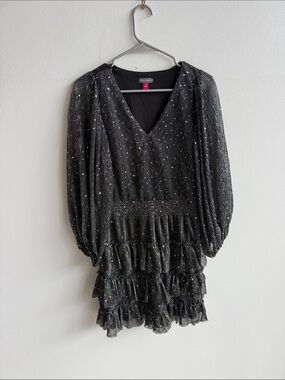 Vince Camuto Black Sparkle V-Neck Ruffled Mini Dress